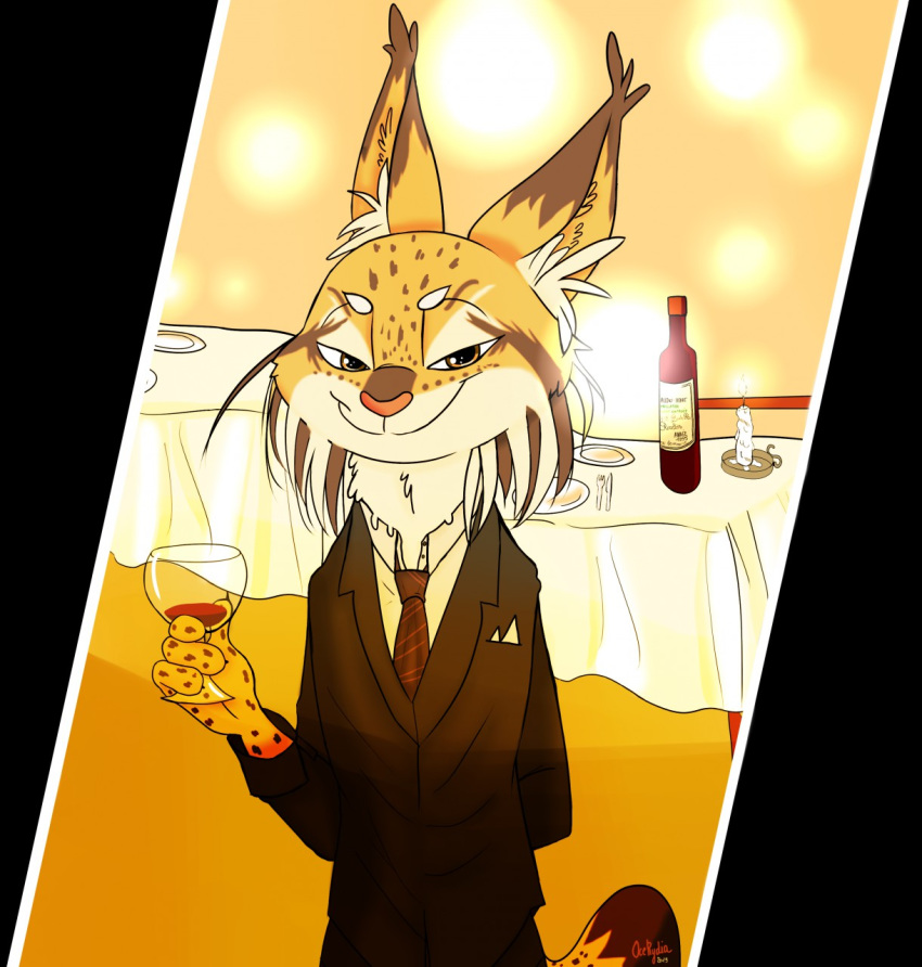 alcohol anthro arten_reichtum bad_guy_cafe beverage brown_body brown_fur clothing demon felid feline fur halloweek hi_res lynx male mammal ocerydia solo suit vines yellow_eyes