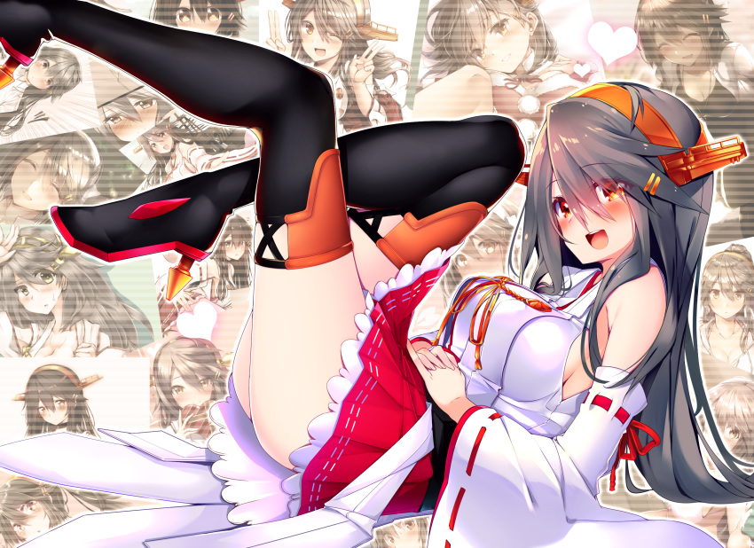 1girl :d anniversary bare_shoulders black_footwear blush boots breasts brown_eyes commentary_request eyebrows_visible_through_hair from_side grey_hair hair_between_eyes hair_ornament hairclip haruna_(kantai_collection) headgear high_heel_boots high_heels highres kantai_collection large_breasts legs_up long_hair looking_at_viewer lying nontraditional_miko on_back open_mouth pleated_skirt red_skirt remodel_(kantai_collection) ribbon-trimmed_sleeves ribbon_trim skirt smile solo thigh_boots thighhighs tsukui_kachou