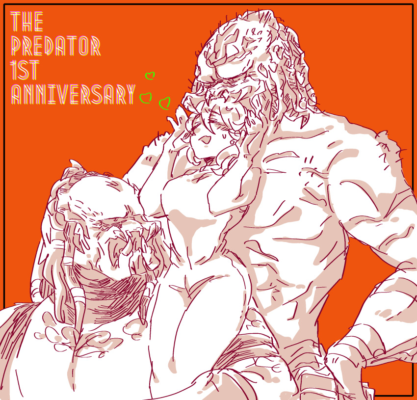 absurd_res blush breasts clothed clothing eyes_closed fan_character fangs female group hair hi_res human humanoid husband husband_and_wife kein_avp male male/female mammal married_couple muscular muscular_male open_mouth orange_background predator_(franchise) simple_background wife yautja