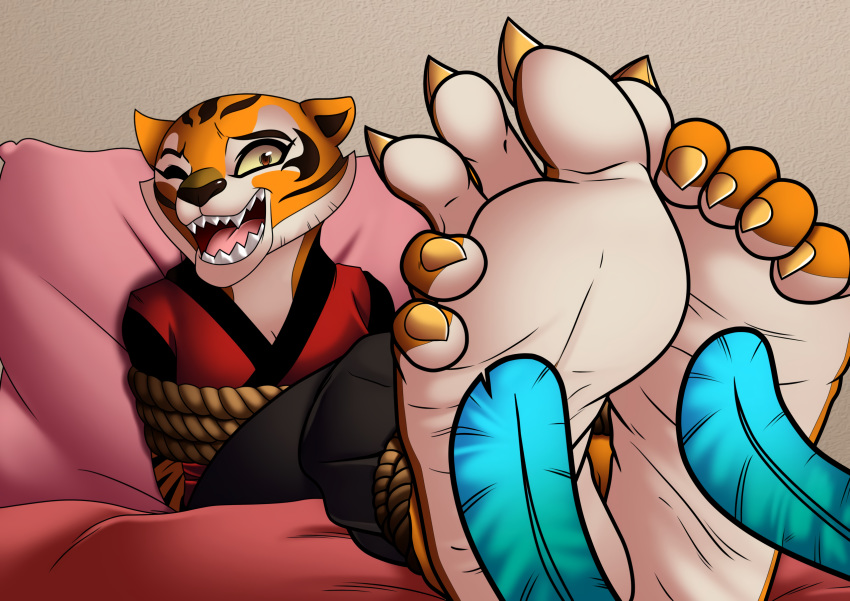 5_toes anthro athletic barefoot bdsm big_feet bondage bottomwear bound clothing cyborg-steve dreamworks feathers feet felid female foot_focus fur hi_res kung_fu_panda long_tail looking_back mammal master_tigress multicolored_body multicolored_fur muscular muscular_anthro orange_body orange_eyes orange_fur pantherine pants pillow rope rope_bondage simple_background soles solo striped_body striped_fur stripes tickling tiger toes topwear vest wrinkled_feet wrinkles