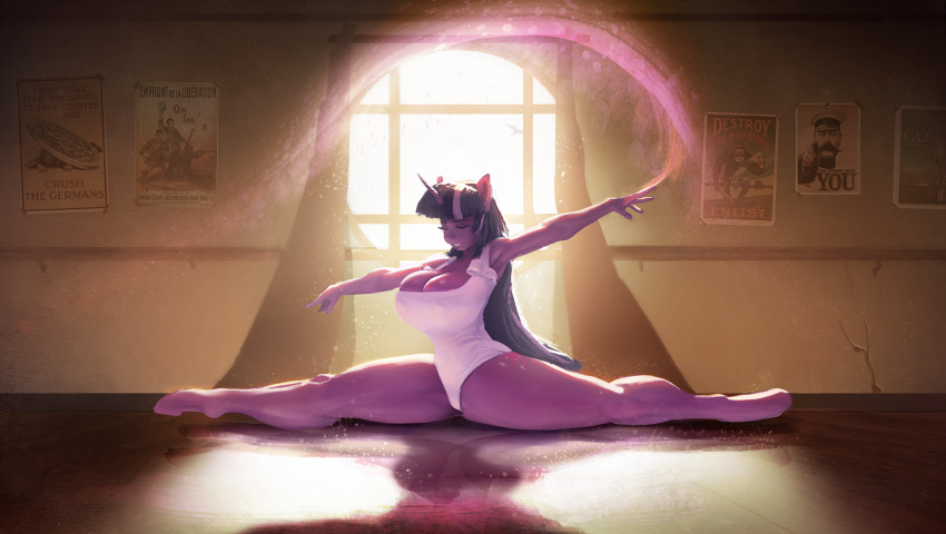 anthro big_breasts breasts cleavage clothed clothing equid equine female flexible friendship_is_magic hi_res horn inside leotard maarthul mammal my_little_pony poster solo splits spread_legs spreading twilight_sparkle_(mlp) unicorn window