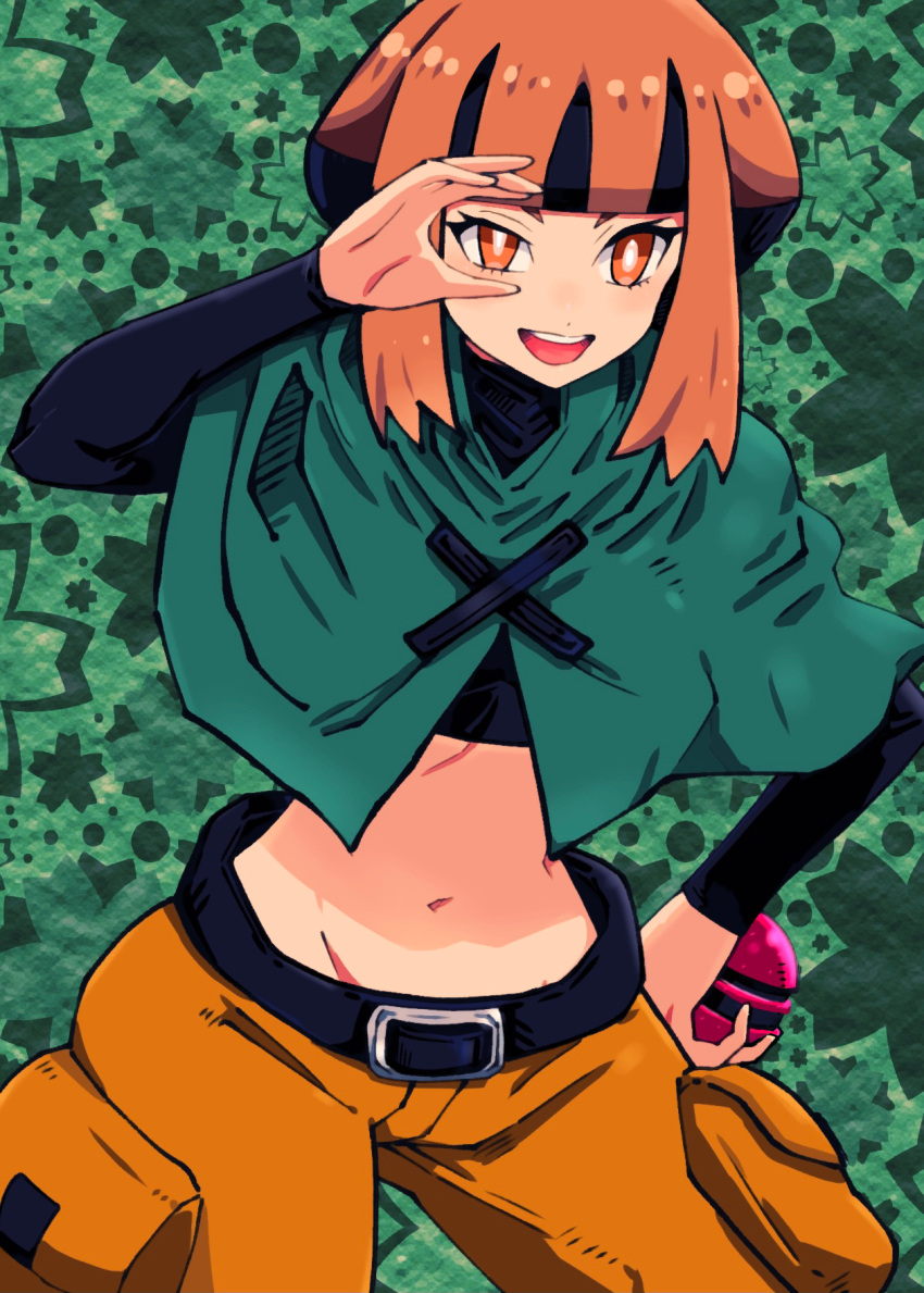 1girl :d bangs batchgooya belt black_belt black_hair black_shirt blunt_bangs brown_eyes brown_hair brown_shorts capelet cherish_ball commentary cowboy_shot crop_top cropped_shirt eyebrows_behind_hair floral_background gardenia_(pokemon) green_background green_capelet groin hand_on_hip hand_over_eye hand_up highres holding holding_poke_ball leaning_forward long_sleeves looking_at_viewer midriff multicolored_hair navel open_mouth poke_ball pokemon pokemon_(game) pokemon_dppt shirt short_hair short_hair_with_long_locks shorts sidelocks smile solo standing teeth two-tone_hair uneven_eyes upper_teeth