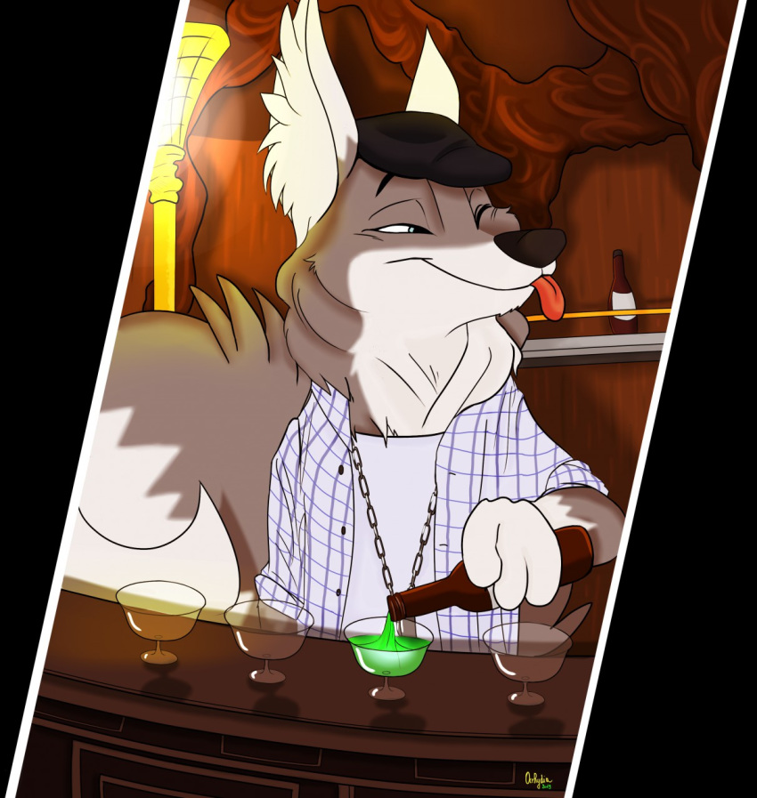 alcohol anthro bad_guy_cafe bar beret beverage blep blue_eyes canid canine canis clothing dog_tags fur grey_body grey_fur hat headgear headwear hi_res male mammal mick_fries ocerydia one_eye_closed solo tongue tongue_out white_body white_fur wink wolf