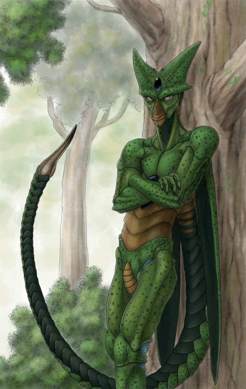 absurd_res arthropod brown_body brown_exoskeleton cell_(dragon_ball) dark_spots dragon_ball dragon_ball_z elytra exoskeleton green_body green_exoskeleton hi_res humanoid hybrid male outside ramul redesign solo spiracles stinger_(anatomy) tree