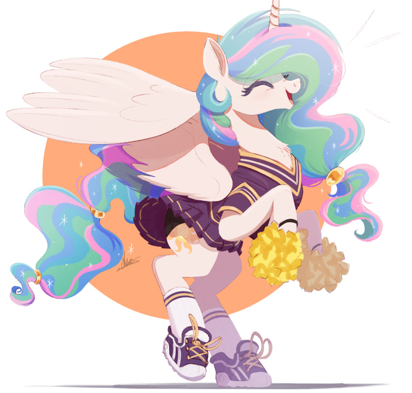 cheerleader clothing equid feathered_wings feathers female feral footwear friendship_is_magic hasbro hi_res horn mammal my_little_pony ncmares pom_poms princess_celestia_(mlp) shoes smile solo white_body white_feathers winged_unicorn wings