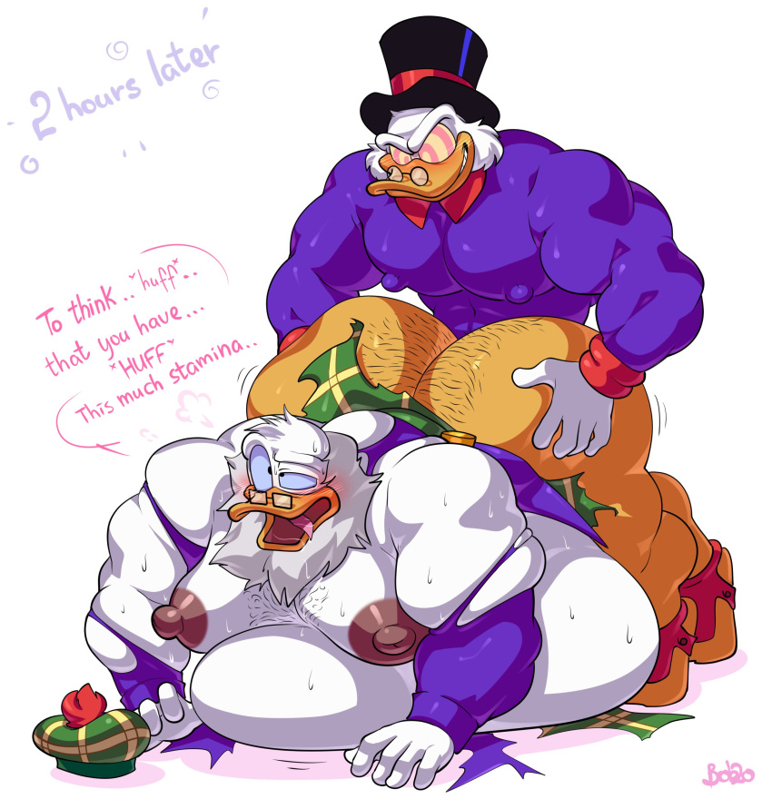 abdominal_bulge absurd_res anal anal_penetration anatid anseriform anthro avian beak beard belly big_butt bird bobthetanuki body_hair butt clothing disney duck ducktales duo eyewear facial_hair flintheart_glomgold glasses hat headgear headwear hi_res male male/male male_penetrated male_penetrating male_penetrating_male mammal muscular muscular_male nipples penetration ringed_eyes scrooge_mcduck sex simple_background text top_hat