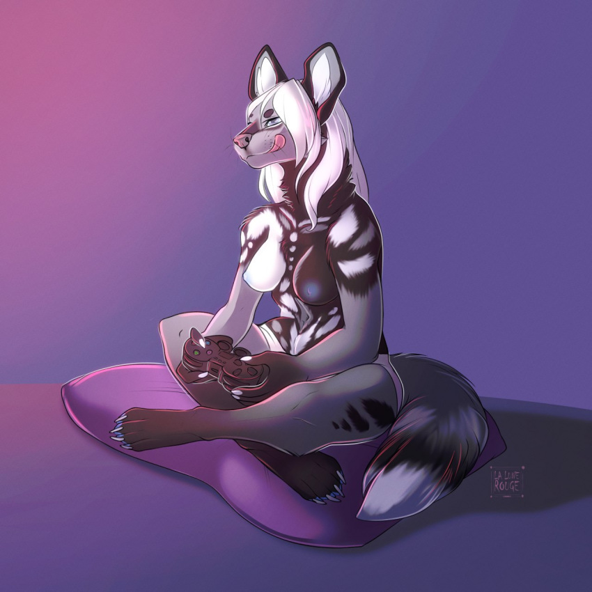 2020 4_toes 5_fingers african_wild_dog anthro areola breasts canid canine digital_media_(artwork) enya female fingers hair hi_res mammal nipples nude solo toes white_hair yetifish