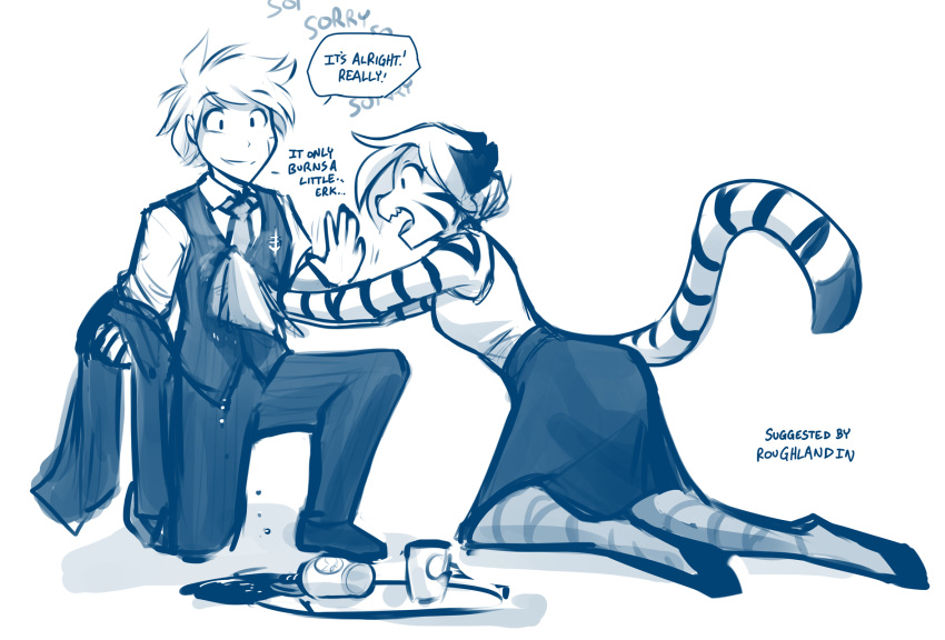 2020 anthro beverage bottomwear clothed clothing coffee conditional_dnp dialogue digitigrade duo english_text felid female flora_(twokinds) fur hi_res holding_object human jacket keidran kneeling legwear male mammal monochrome necktie open_mouth pantherine simple_background sketch skirt smile stockings striped_body striped_fur stripes suit text tiger tom_fischbach topwear trace_legacy tray twokinds vest webcomic wet white_background