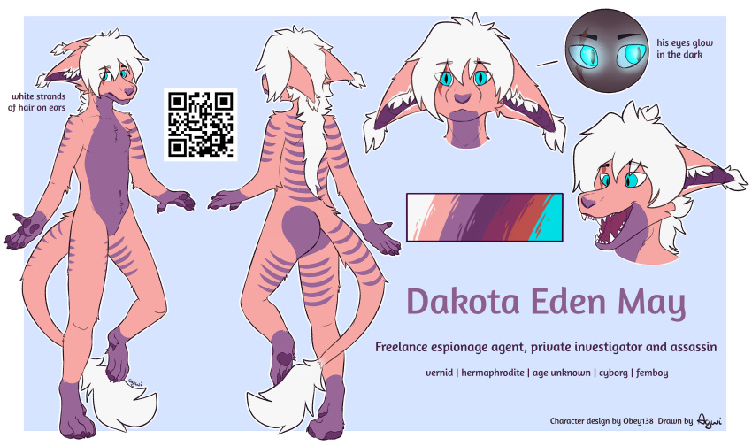 2020 absurd_res agwii ambiguous_gender anthro augmentation blue_eyes butt dakota_eden_may_(obey138) english_text fangs fur glowing glowing_eyes hair hi_res inner_ear_fluff model_sheet neon_eyes nude pink_body pink_fur purple_body purple_fur qr_code short_hair solo stripes tagme text tongue tuft vernid white_hair