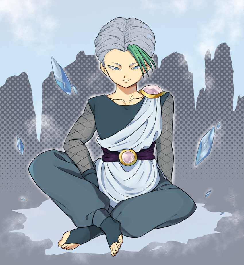 1boy blue_eyes blue_hair collarbone full_body highres ice ice_shard juyo_tsukai_touya looking_at_viewer male_focus multicolored_hair petagon short_hair simple_background sitting smirk solo two-tone_hair yuu_yuu_hakusho