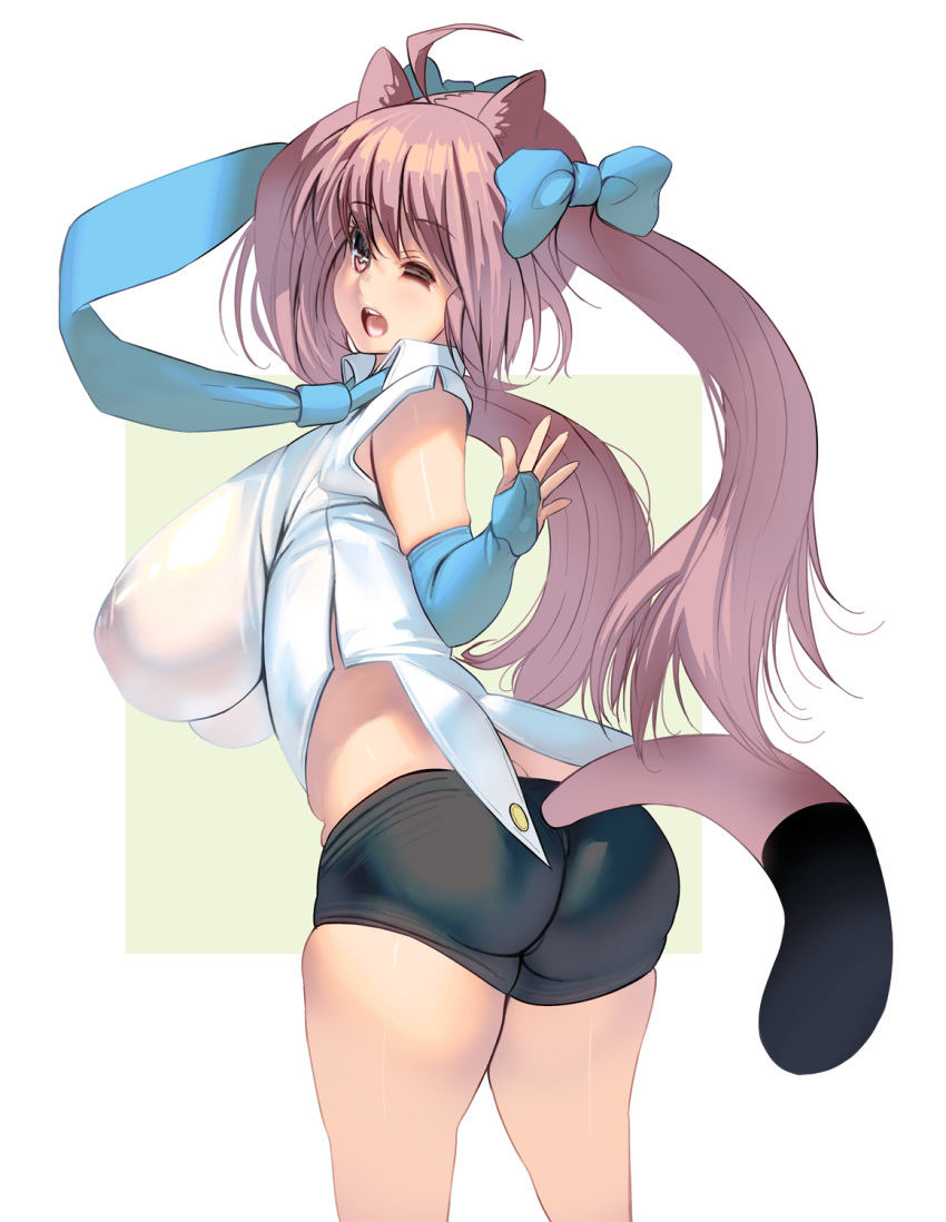 1girl ahoge animal_ears ass bangs bow breasts brown_eyes brown_hair elbow_gloves eyebrows_visible_through_hair fingerless_gloves from_behind gigantic_breasts gloves highres impossible_clothes masao one_eye_closed open_mouth original photoshop_(medium) shirt shorts simple_background solo tail twintails two-tone_background white_shirt
