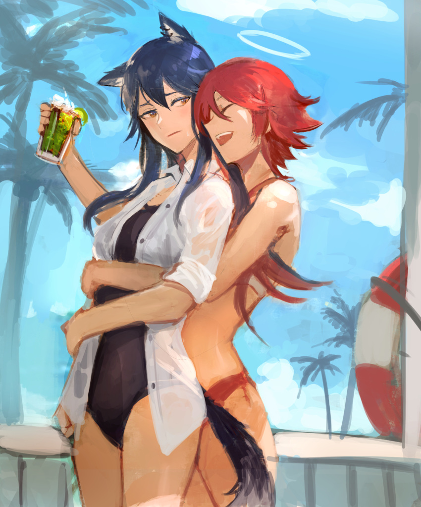 2girls ^_^ ^o^ alternate_costume animal_ears arknights bare_legs bikini black_hair black_swimsuit blue_sky blush breasts closed_eyes closed_mouth cloud cloudy_sky collared_shirt commentary cowboy_shot cup day drink earrings english_commentary exusiai_(arknights) glass halo highres holding holding_cup hug hug_from_behind innertube jewelry kupikuuu lime_slice long_hair looking_at_another looking_back medium_breasts multicolored_hair multiple_girls one-piece_swimsuit open_clothes open_mouth open_shirt orange_eyes outdoors palm_tree red_bikini red_hair shirt short_hair short_sleeves sky smile streaked_hair sweatdrop swimsuit tail texas_(arknights) thighs tree two-tone_hair white_shirt wolf_ears wolf_tail yuri