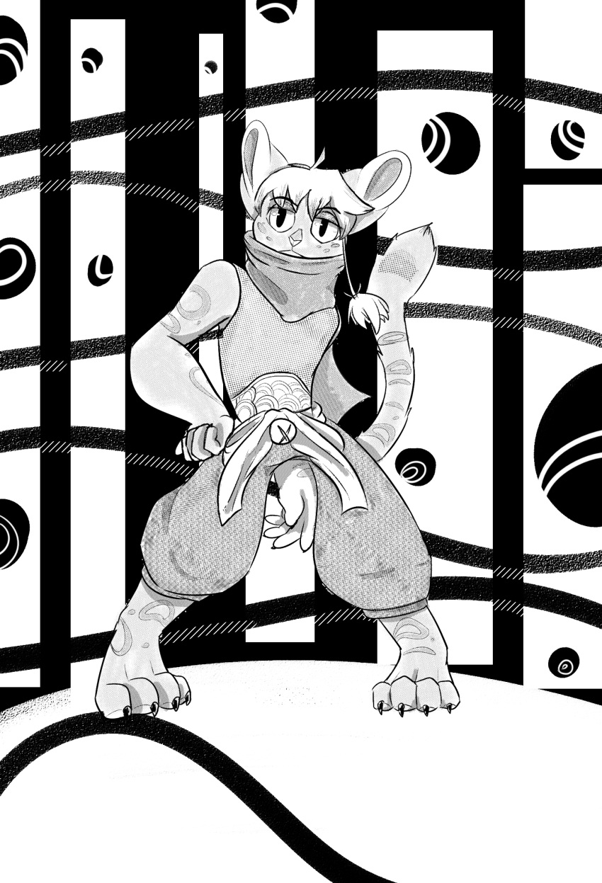 anime anthro black_and_white clothed clothing commission_art dengus-pengus felid hi_res jojo's_bizarre_adventure leopard male mammal monochrome pantherine pose psychedelic_background smug solo solo_focus