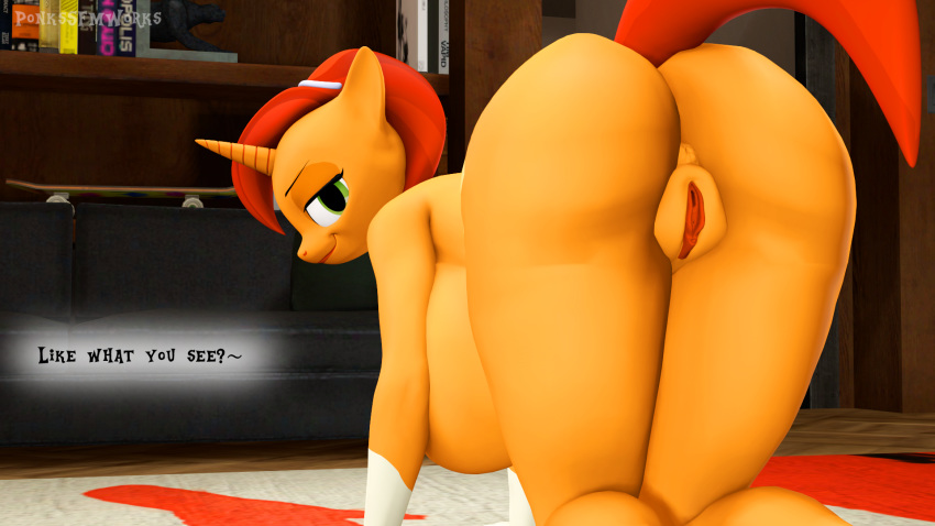 3d_(artwork) all_fours anthro anus big_breasts big_butt breasts butt dialogue digital_media_(artwork) equid equine female friendship_is_magic genitals hi_res horn looking_back mammal mature_female my_little_pony pinkierawr pussy solo stellar_flare_(mlp) unicorn