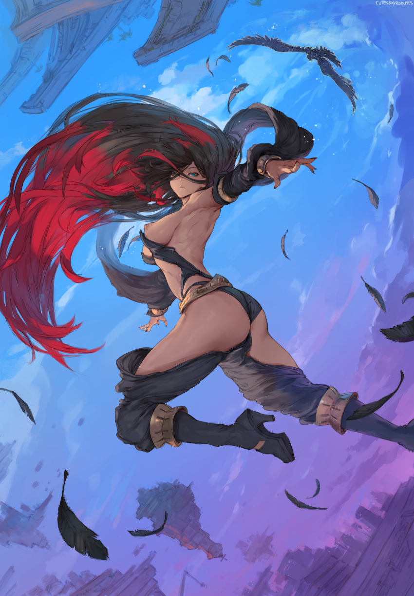 1girl absurdres animal armpits ass bird black_feathers black_panties black_sleeves blue_eyes breasts cloud crow crow_(gravity_daze) cutesexyrobutts detached_sleeves feathers gravity_daze high_heels highres huge_filesize medium_breasts midair multicolored_hair nipple_slip nipples paid_reward panties patreon_reward sideboob signature solo thighs underwear