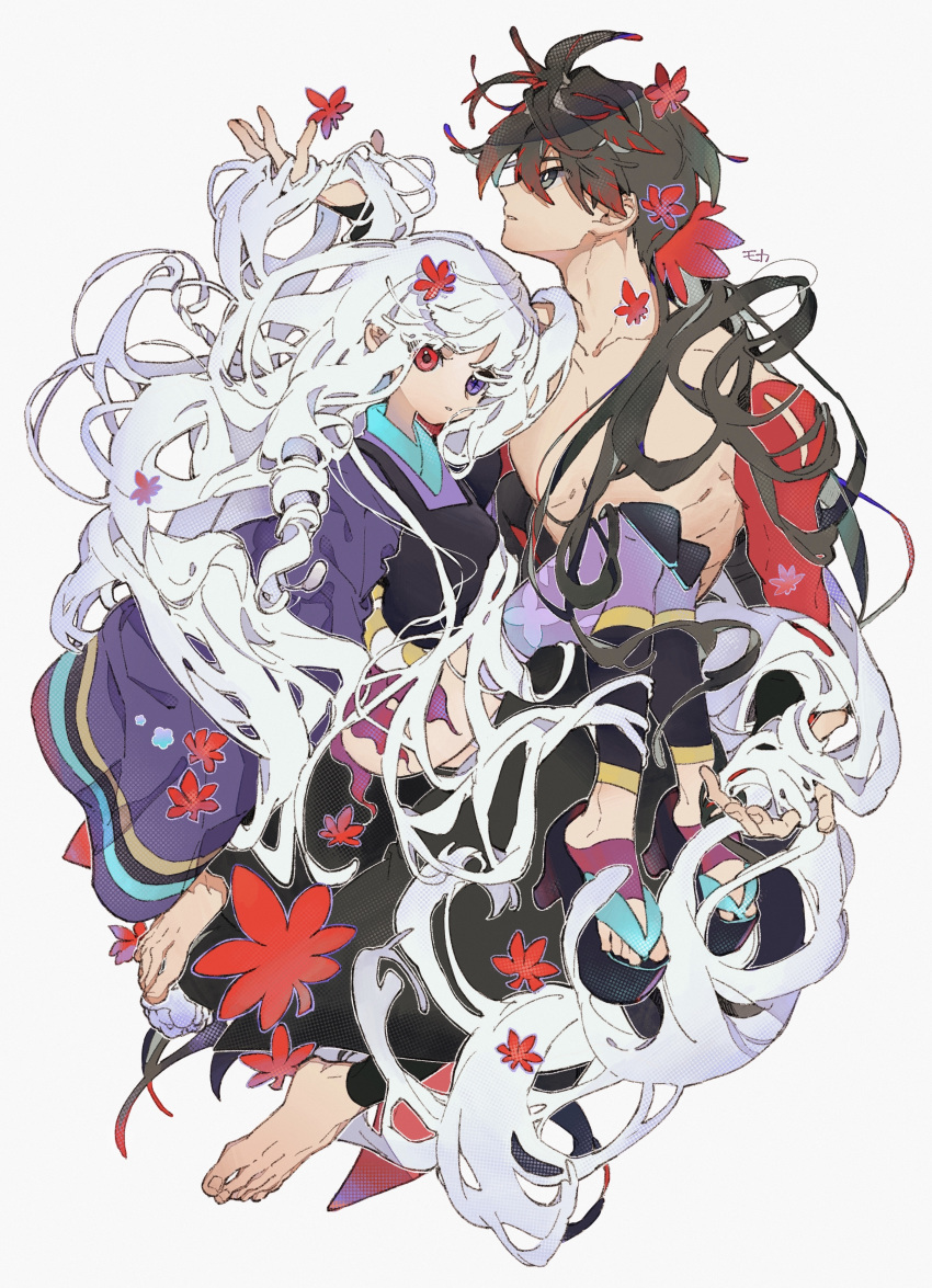 1boy 1girl absurdres animal_print bare_chest barefoot black_hair butterfly_print collarbone daruma_owl fingernails grey_eyes heterochromia highres japanese_clothes katanagatari kimono leaf long_hair multicolored multicolored_hair parted_lips purple_eyes purple_kimono purple_legwear red_eyes red_hair signature simple_background thighhighs toenails togame very_long_hair white_background white_hair yasuri_shichika