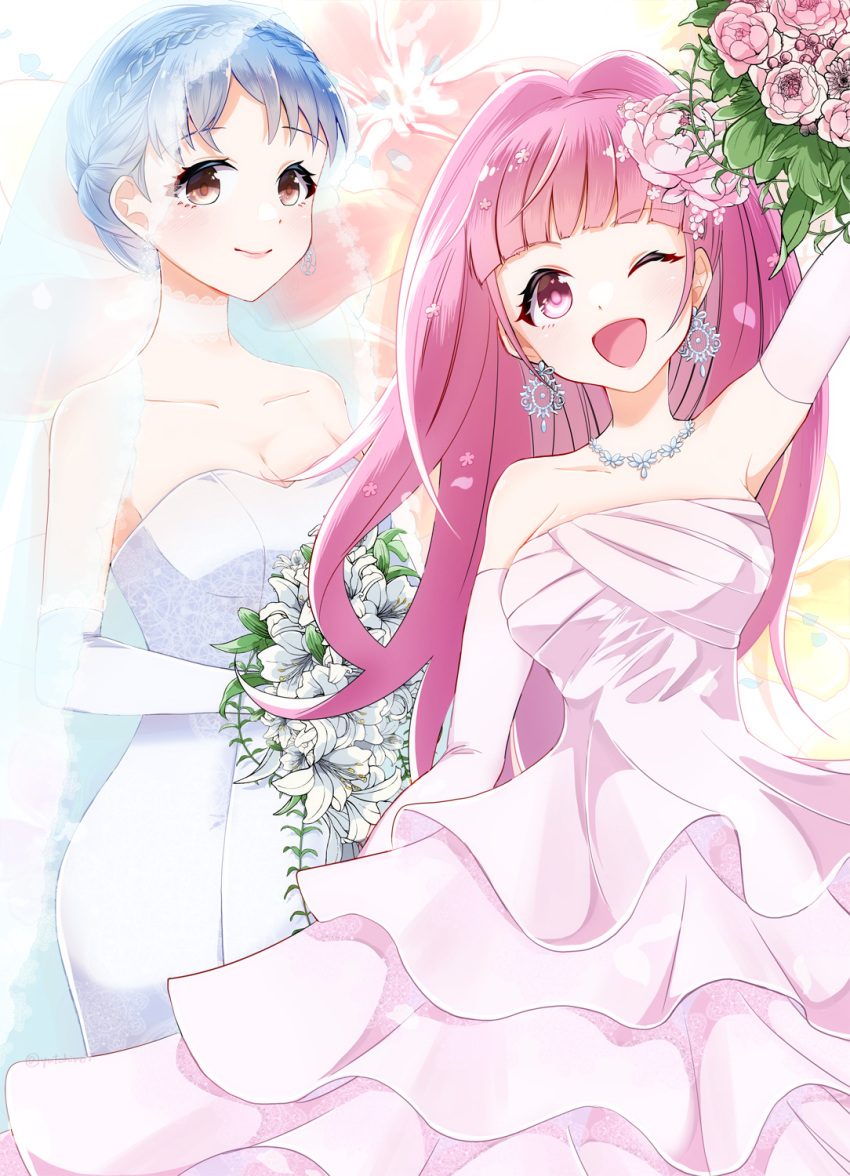 2girls arm_up blue_hair bouquet braid breasts bride brown_eyes cleavage closed_mouth crown_braid dress earrings elbow_gloves fire_emblem fire_emblem:_three_houses flower gloves highres hilda_valentine_goneril holding holding_bouquet jewelry long_hair marianne_von_edmund multiple_girls necklace one_eye_closed open_mouth pink_hair ponytail smile wedding_dress white_dress white_gloves yutohiroya