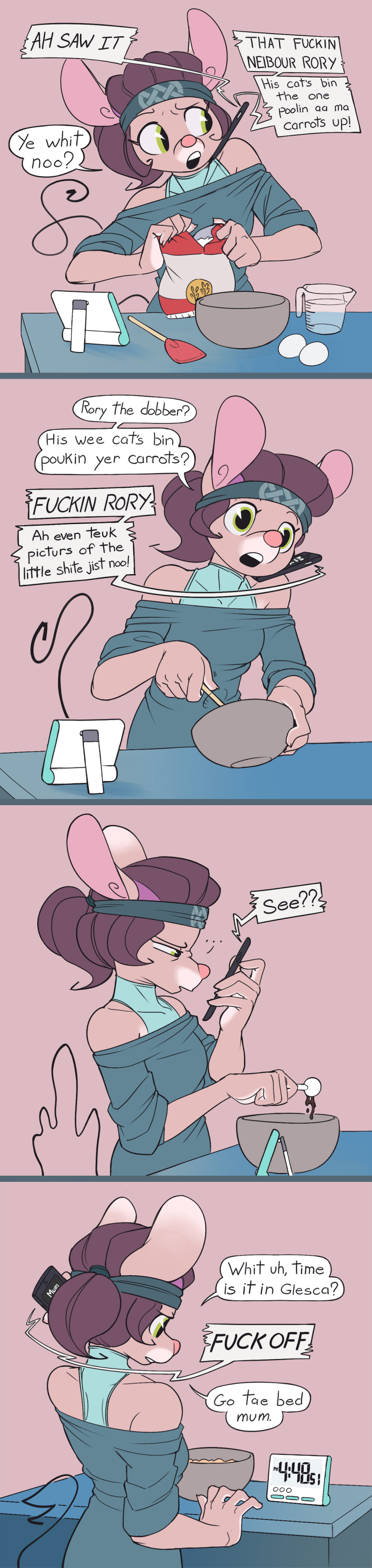 absurd_res accent accessory anthro baking comic cooking dialogue english_text female green_eyes headband hi_res humor long_image maisie_whisk mammal mixing_bowl mouse murid murine phone profanity rodent scottish siden solo tall_image text wick_(artist)