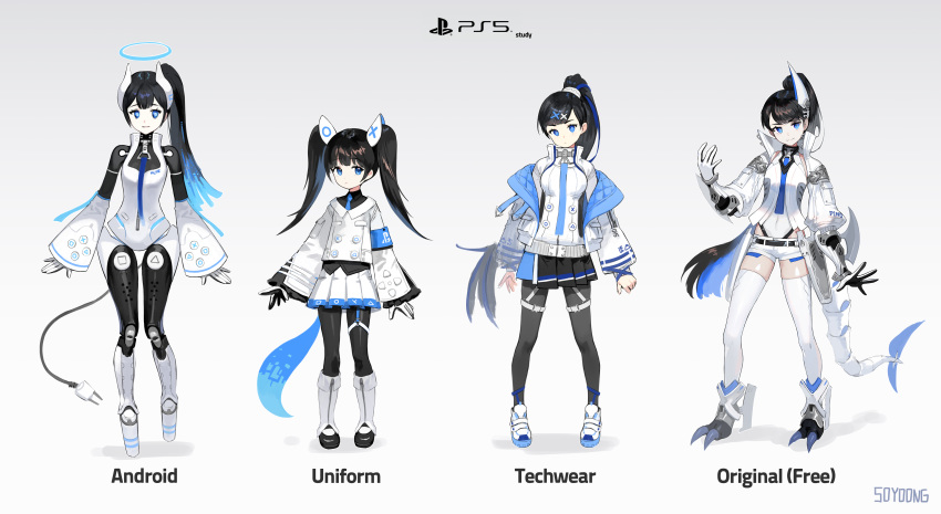 4girls absurdres android arms_at_sides black_hair blue_eyes blue_hair eyebrows_visible_through_hair full_body gradient gradient_background hair_ornament hairclip halo headgear high_collar highres jacket joints lineup long_hair looking_at_viewer multicolored_hair multiple_girls necktie off-shoulder_jacket original personification photoshop_(medium) playstation_5 ponytail robot_joints shoes shorts skirt sneakers soyoong_jun tail thighhighs twintails two-tone_hair very_long_hair wide_sleeves