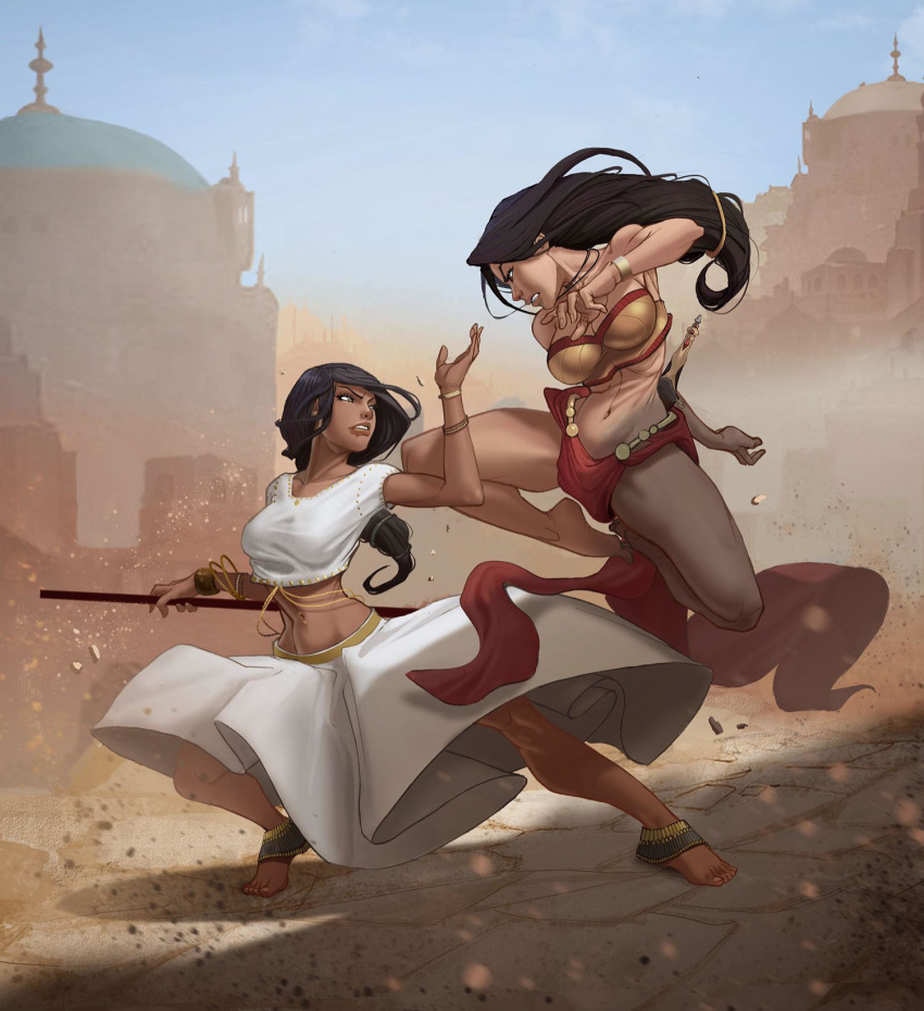 2018 2girls angry anklet arabian_architecture arabian_clothes arm_behind_back arm_up bangle barefoot battle bra bracelet breasts brown_hair brown_theme cleavage clenched_teeth crop_top dagger dark_skin eye_contact fighting_stance hair_tie highres impossible_hair jewelry large_breasts long_hair long_skirt looking_at_another looking_away midair midriff multiple_girls navel noor_(zindan) outdoors outstretched_leg pelvic_curtain ribs ricardo_rodrigues sheath shirt short_sleeves skirt skirt_set staff strapless tara_(zindan) taut_clothes taut_shirt teeth toned tubetop underwear v-shaped_eyebrows weapon white_shirt white_skirt zindan:_the_last_ansaars