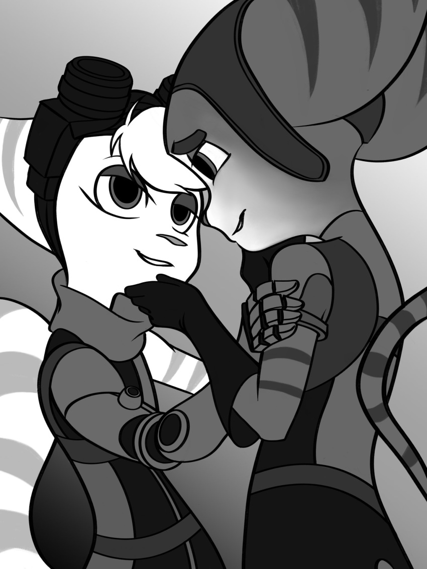 anthro black_and_white capt_crosshatch clothed clothing digital_media_(artwork) duo eyewear female gloves goggles goggles_on_head handwear hi_res lombax male mammal monochrome prosthetic prosthetic_arm prosthetic_limb ratchet ratchet_and_clank rift_apart_lombax simple_background stripes video_games