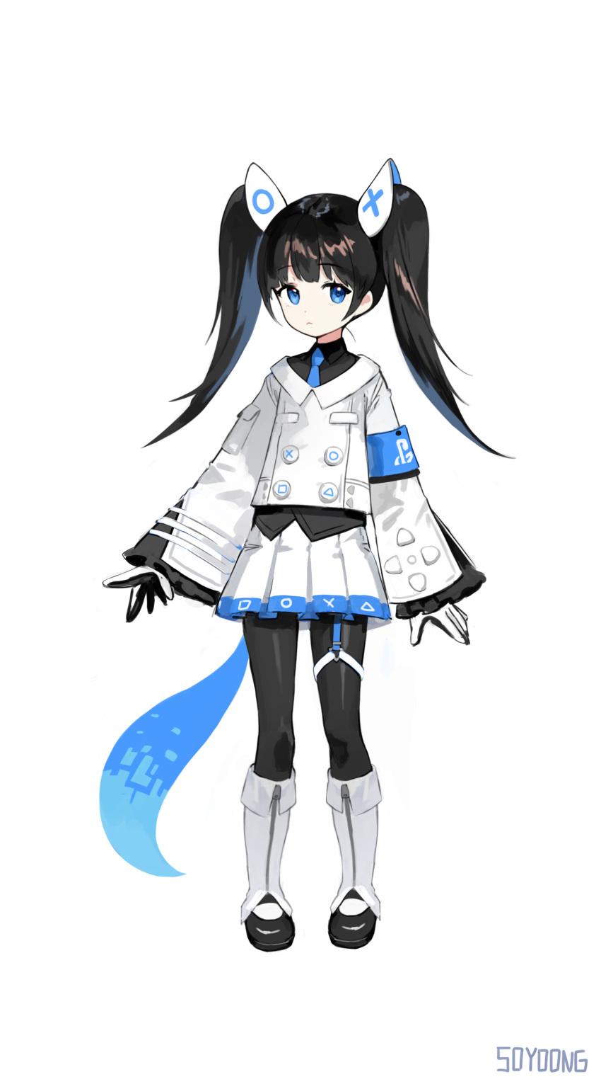 1girl absurdres armband arms_at_sides black_hair blue_eyes blue_hair eyebrows_visible_through_hair full_body hair_ornament headgear highres jacket long_hair looking_at_viewer multicolored_hair necktie original personification photoshop_(medium) playstation_5 shoes skirt solo soyoong_jun tail twintails two-tone_hair white_background wide_sleeves