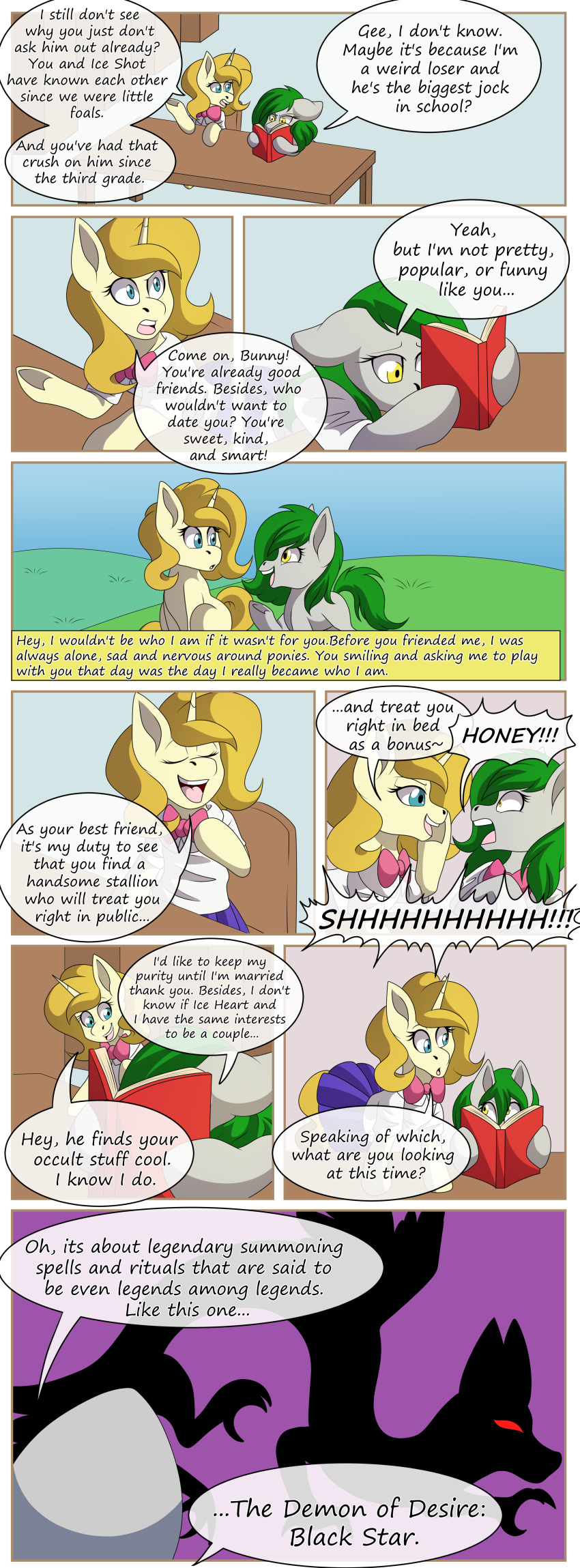 absurd_res book bow calamity-studios clothed clothing colored comic dialogue english_text equid female feral furniture hasbro hi_res mammal my_little_pony outside school_uniform table text uniform