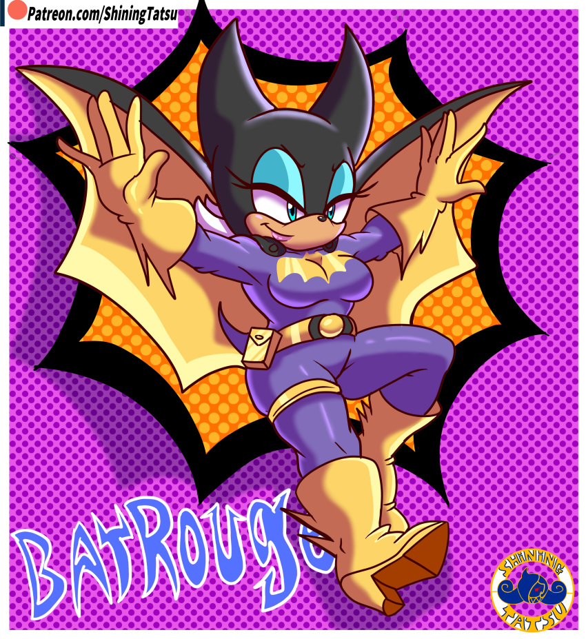 2020 5_fingers absurd_res anthro batgirl batman_(series) black_nose blue_eyes blue_eyeshadow boots breasts chiropteran clothed clothing cosplay costume crossover crossover_cosplay dc_comics dotted_background eyeshadow female fingers footwear fully_clothed gloves hair handwear hi_res lipstick makeup mammal pattern_background pink_lipstick rouge_the_bat shining-tatsu simple_background smile solo sonic_the_hedgehog_(series) text url white_hair