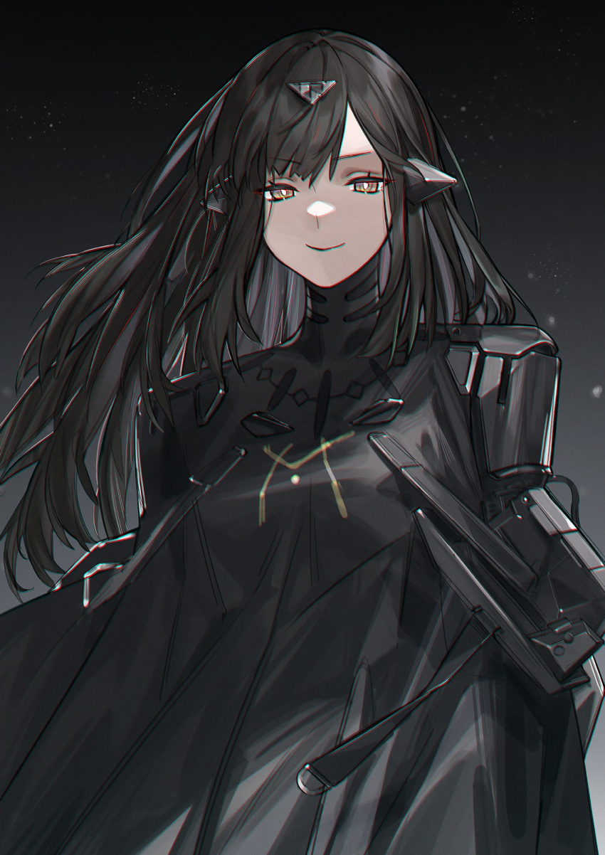 1girl bangs black_dress black_hair commentary dress girls_frontline headgear highres joints long_hair looking_at_viewer mechanical_arms nishiro_ryoujin nyto_obelisk_(girls_frontline) paradeus robot_joints smile solo yellow_eyes