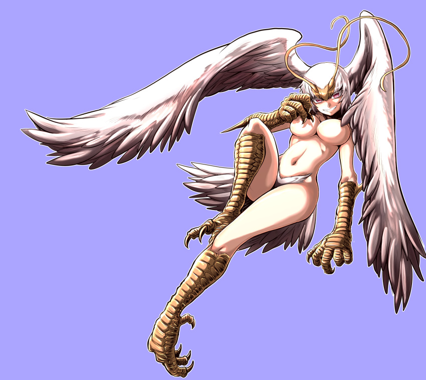 animal_humanoid antennae_(anatomy) avian avian_humanoid breasts demon devilman_(series) european_mythology feathered_wings feathers female greek_mythology hair harpy hi_res humanoid kirsakizato looking_at_viewer mythological_avian mythology navel nude sir&egrave;ne_(devilman) solo talons white_body white_feathers white_hair winged_humanoid wings