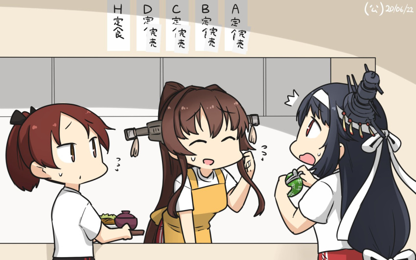 alternate_costume apron black_hair black_pants bowl brown_hair closed_eyes coin_purse commentary_request counter dated flying_sweatdrops food fusou_(kantai_collection) hair_ornament hamu_koutarou headband headgear highres kantai_collection long_hair low-tied_long_hair pants ponytail red_eyes red_pants remodel_(kantai_collection) shikinami_(kantai_collection) shirt short_hair sign t-shirt track_pants translation_request yamato_(kantai_collection) yellow_apron