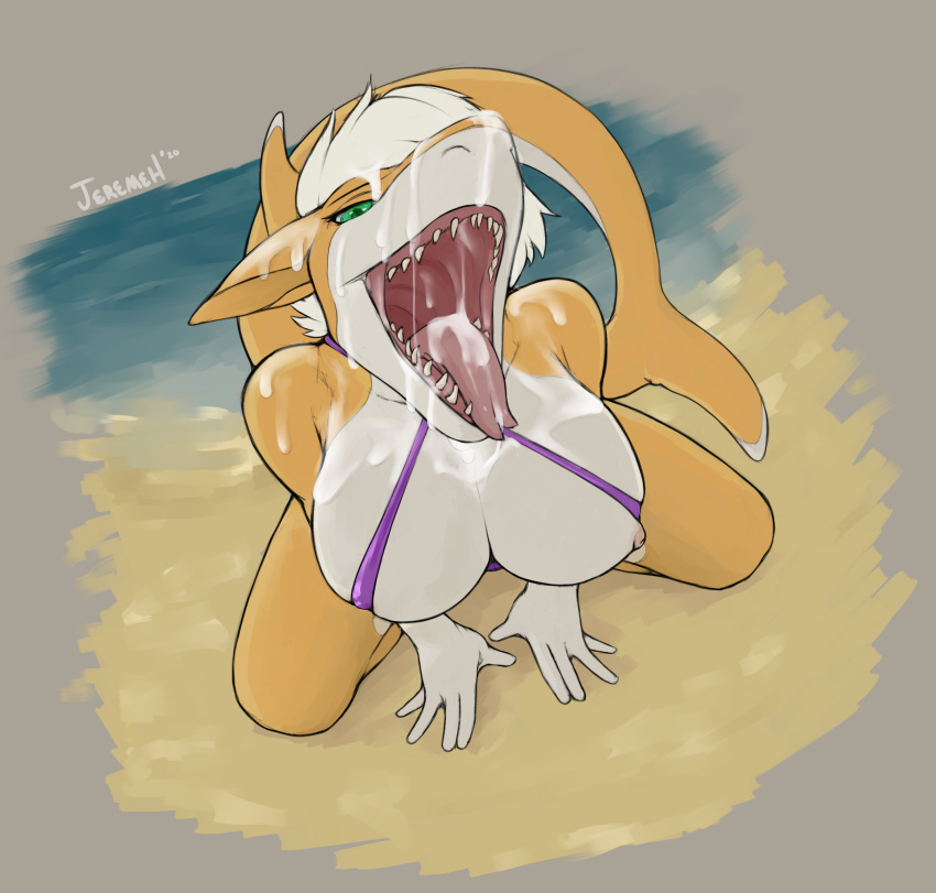 anthro beach big_breasts bikini bodily_fluids breasts clothed clothing cum cum_covered cum_in_mouth cum_inside cum_on_breasts excessive_cum female fish genital_fluids hi_res high-angle_view jeremeh kneeling marine messy open_mouth seaside shark skimpy solo swimwear tongue tongue_out