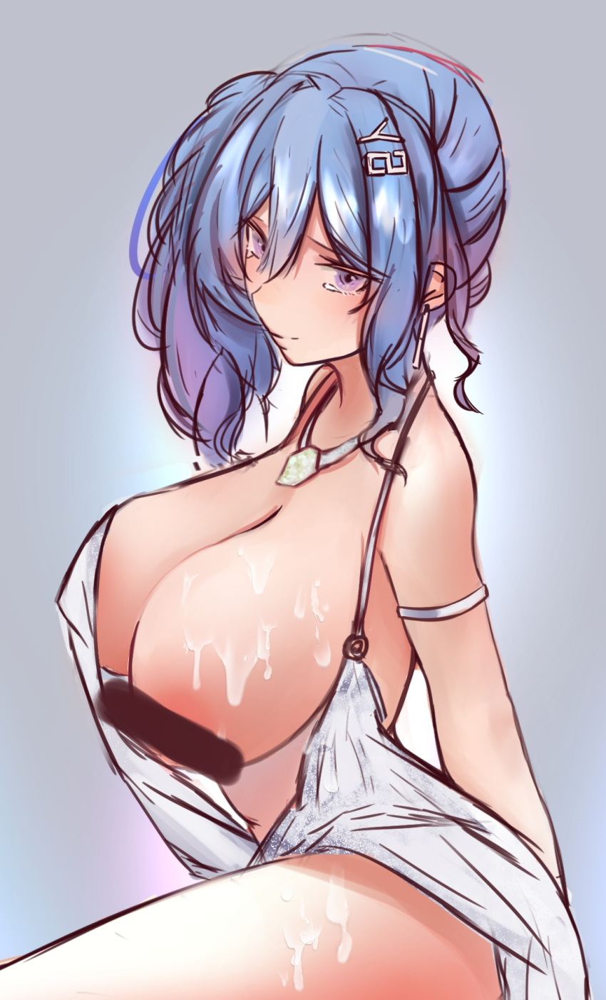 1girl armlet arms_behind_back azur_lane backless_dress backless_outfit bangs bar_censor bare_shoulders blue_hair breasts censored cleavage commentary_request cum cum_on_body cum_on_breasts cum_on_lower_body cum_on_upper_body dress earrings evening_gown from_side grey_background grey_dress hair_between_eyes hair_ornament hairclip halter_dress highres jewelry large_breasts lzfvoid necklace one_breast_out plunging_neckline purple_eyes revealing_clothes side_ponytail sidelocks silver_dress st._louis_(azur_lane) st._louis_(luxurious_wheels)_(azur_lane) tears thighs