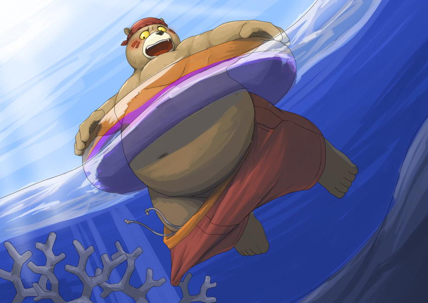 2020 anthro barontoko belly blush clothing dagger_(sdorica_sunset) detailed_background hi_res humanoid_hands kemono male mammal outside overweight overweight_male sdorica_sunset solo swimwear ursid water