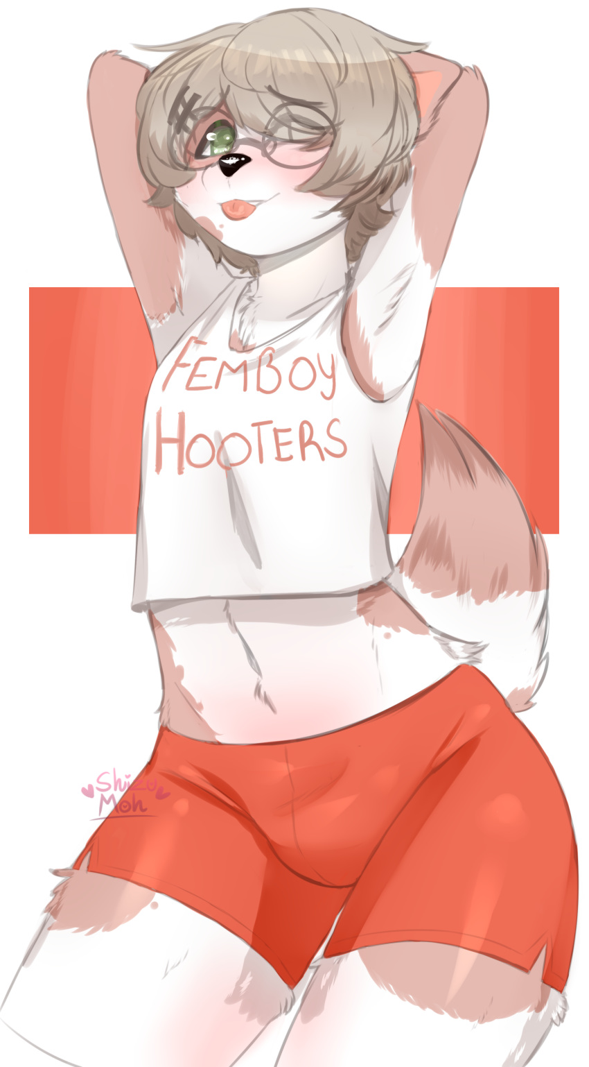 absurd_res anthro canid canine canis clothed clothing digital_media_(artwork) domestic_dog eyewear femboy_hooters girly glasses hi_res male mammal shizumoh simple_background solo tongue tongue_out