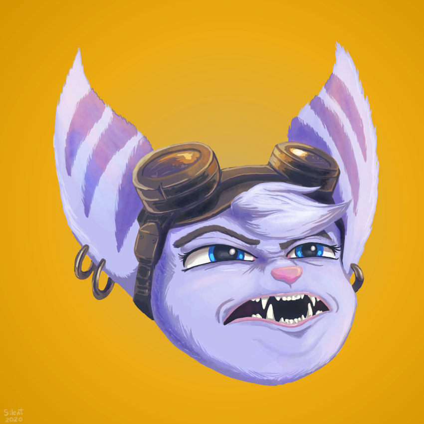 anthro blue_eyes digital_media_(artwork) disgust ear_piercing eyewear female fur goggles goggles_on_head hi_res lombax mammal open_mouth piercing ratchet_and_clank rift_apart_lombax simple_background solo stripes teeth theartofsilent video_games