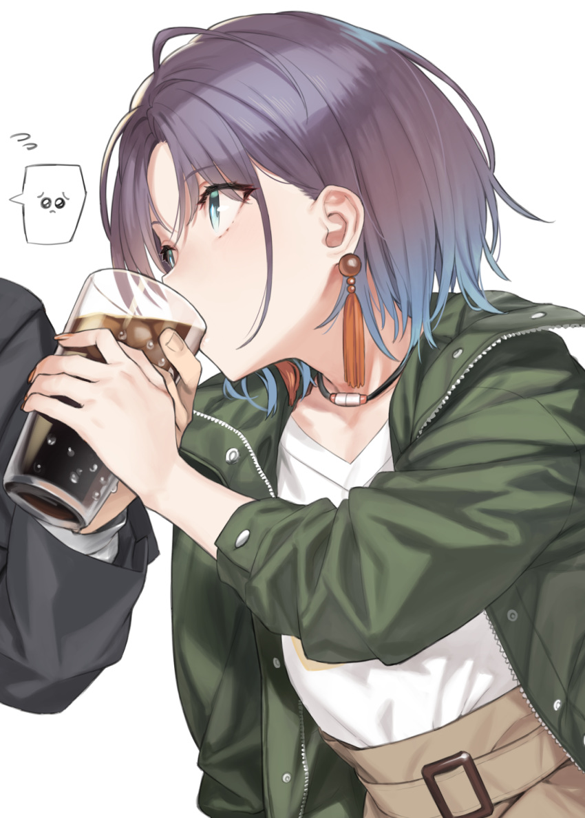 1boy 1girl 92m ahoge aqua_eyes asakura_tooru bangs black_choker blue_hair choker cola cup drinking drinking_glass earrings eyebrows_visible_through_hair flying_sweatdrops gradient_hair green_jacket highres holding holding_cup idolmaster idolmaster_shiny_colors jacket jewelry long_sleeves multicolored_hair open_clothes open_jacket out_of_frame parted_bangs producer_(idolmaster) purple_hair shirt short_hair simple_background spoken_expression tassel_earrings unzipped upper_body white_background white_shirt