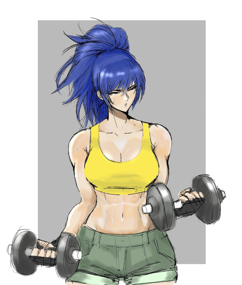 1girl abs anagumasan armpits bangs bare_shoulders black_gloves blue_eyes blue_hair breasts cleavage dumbbell gloves highres leona_heidern military ponytail shorts soldier sweatdrop tank_top the_king_of_fighters training