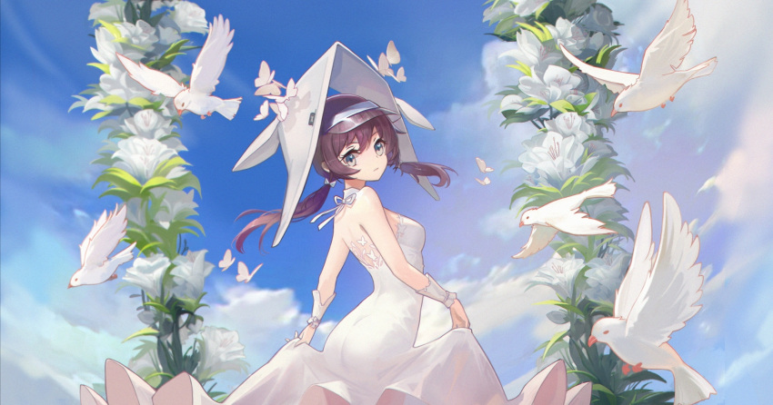 animal arknights bird brown_hair clouds purestream_(arknights) wedding_attire yi_zhi_bai_bo