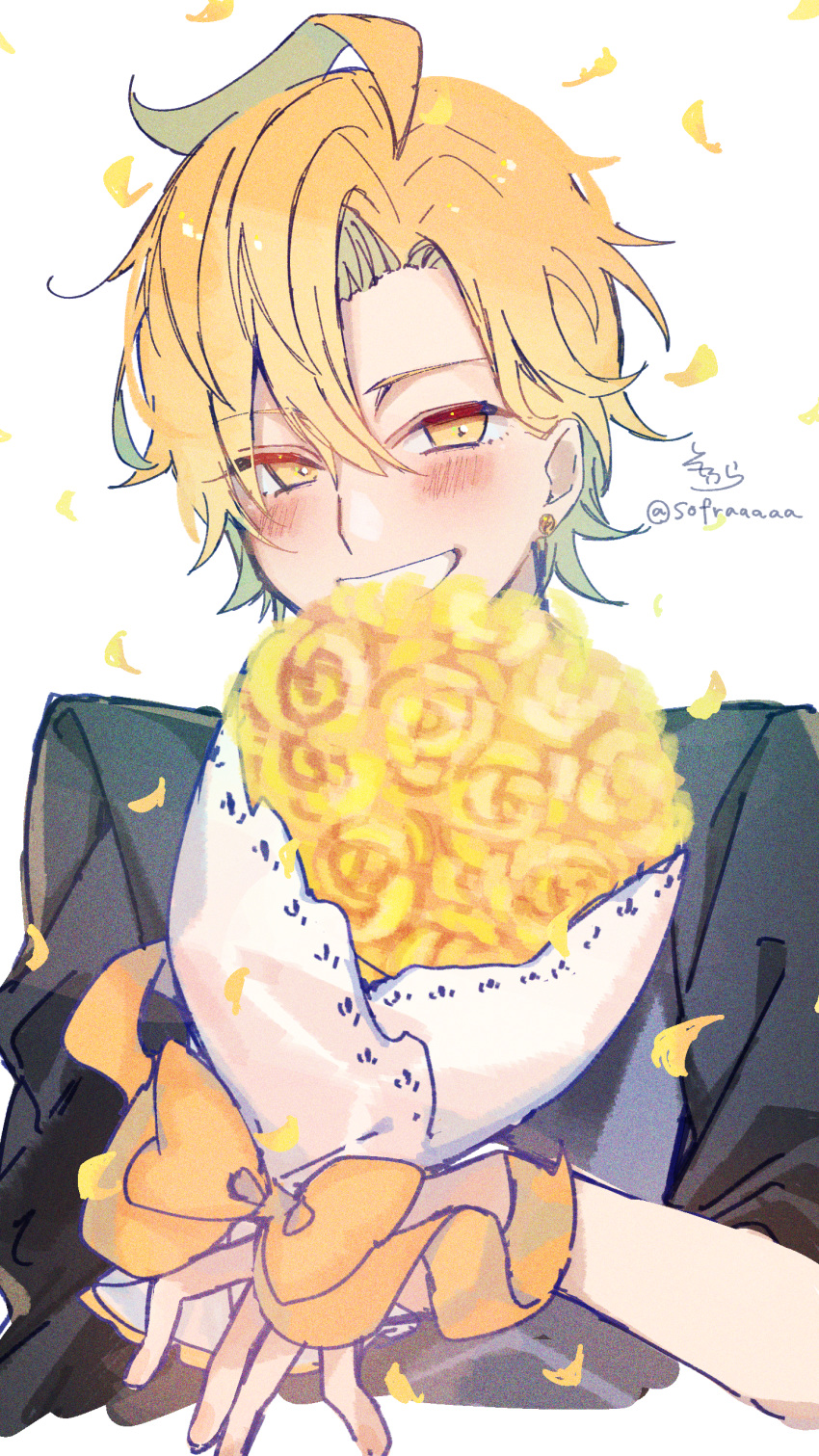 1boy absurdres bangs black_jacket blonde_hair blush bouquet brown_eyes commentary_request cropped_torso earrings eyebrows_visible_through_hair flower grin hair_between_eyes highres holding holding_bouquet hypnosis_mic izanami_hifumi jacket jewelry looking_at_viewer male_focus parted_bangs petals rose short_sleeves signature simple_background smile sofra solo stud_earrings twitter_username upper_body white_background yellow_flower yellow_rose