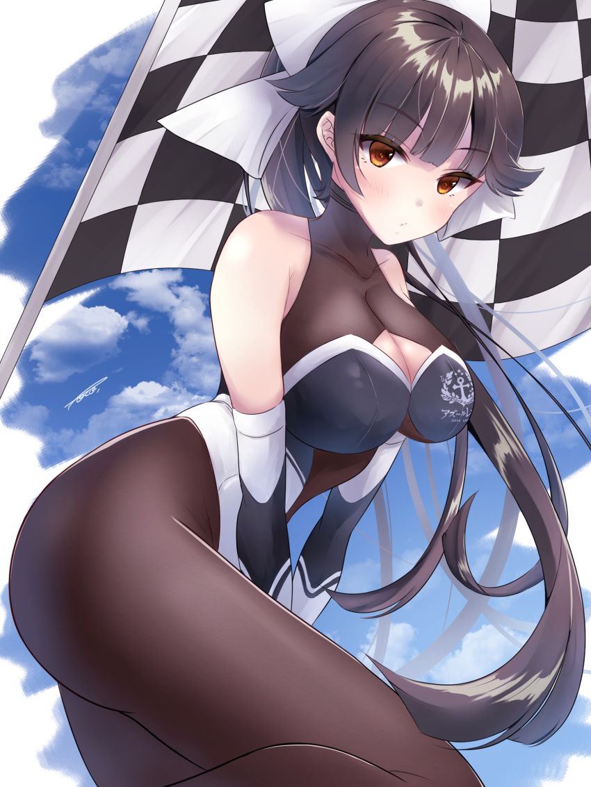 1girl alternate_costume azur_lane bangs bare_shoulders black_hair bow breasts bridal_gauntlets checkered checkered_flag cleavage cleavage_cutout commentary_request curvy detached_sleeves eyebrows_visible_through_hair flag hair_flaps hair_ribbon high_collar high_ponytail highleg highleg_leotard highres impossible_clothes large_breasts leotard long_hair looking_at_viewer multicolored_leotard poco. ponytail race_queen ribbon solo takao_(azur_lane) takao_(full_throttle_charmer)_(azur_lane) thighs turtleneck two-tone_leotard unitard white_bow white_ribbon