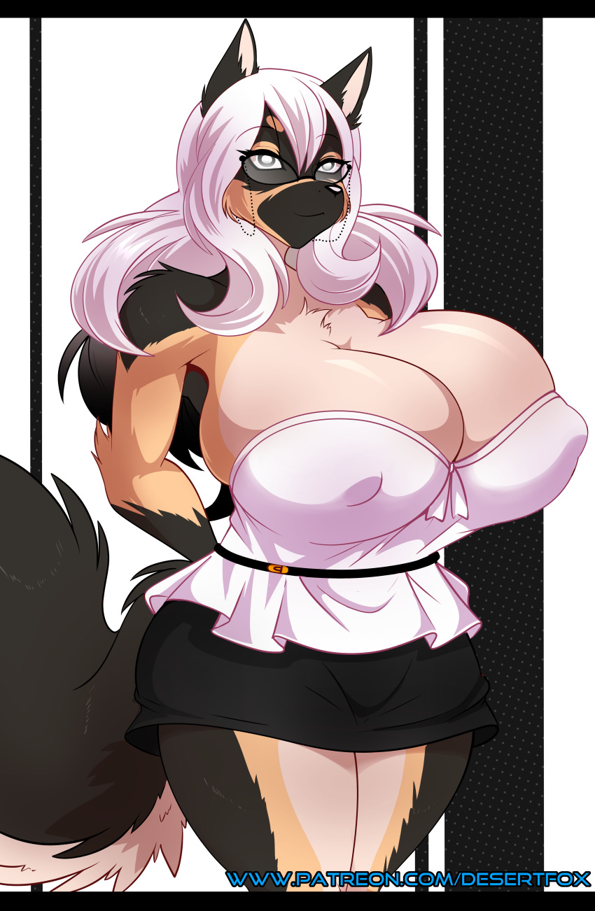 absurd_res anthro big_breasts bottomwear breasts canid canine canis chest_tuft cleavage clothed clothing domestic_dog eyewear female glasses hi_res huge_breasts mammal miniskirt nipple_outline sagestrike2_(artist) skirt solo tuft wide_hips