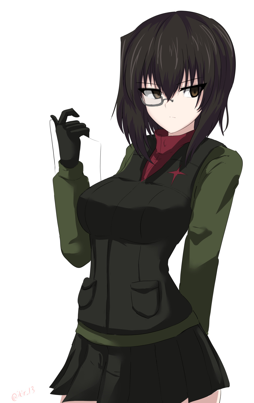 1girl absurdres aikir_(jml5160) alternate_costume arm_behind_back bangs black-framed_eyewear black_eyes black_gloves black_hair black_skirt black_vest clipboard closed_mouth commentary cowboy_shot girls_und_panzer gloves green_jacket highres holding holding_clipboard insignia jacket kawashima_momo light_frown long_sleeves looking_at_viewer military military_uniform miniskirt monocle pleated_skirt pravda_military_uniform red_shirt russian_commentary semi-rimless_eyewear shirt short_hair simple_background skirt solo standing turtleneck twitter_username under-rim_eyewear uniform vest white_background