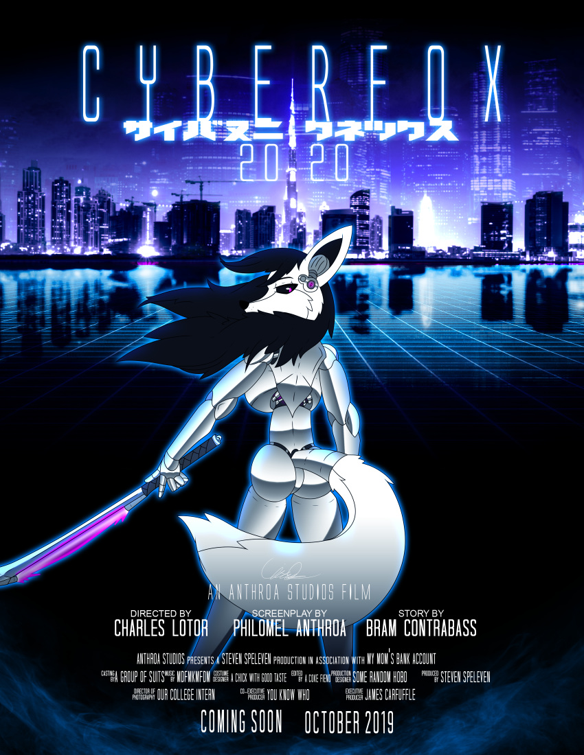 80's_theme absurd_res android anthro canid canine city cityscape clcoon cyberpunk english_text female fox hi_res machine mammal movie_poster robot science_fiction solo text