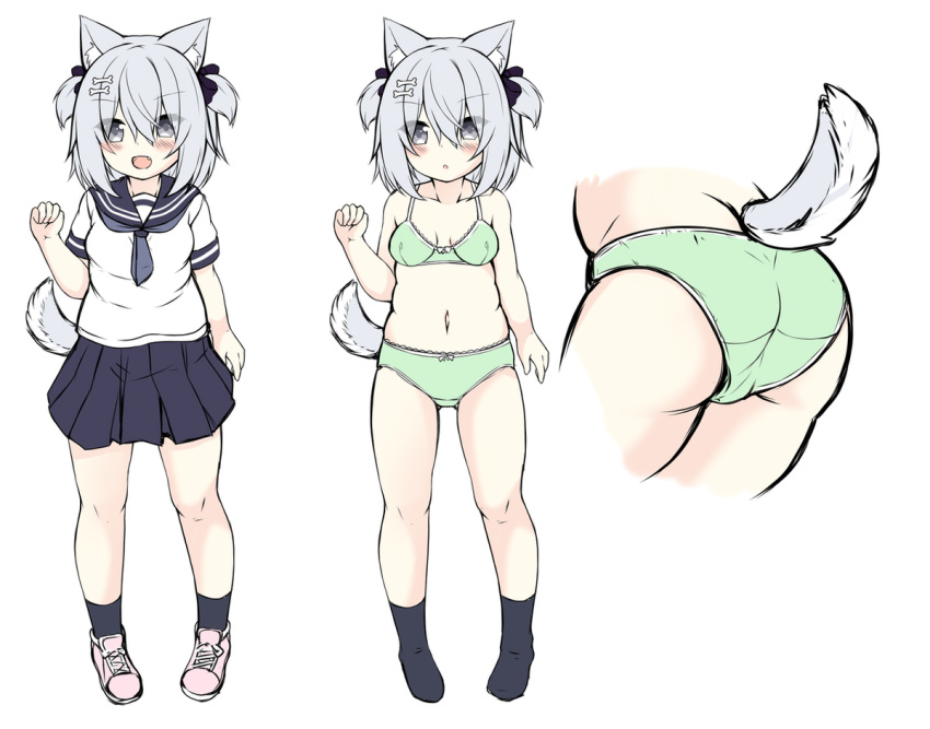 1girl :d :o animal_ear_fluff animal_ears ass bangs bare_arms bare_shoulders black_bow black_legwear black_sailor_collar black_skirt blush bone_hair_ornament bow bow_bra bow_panties bra cartoon_bone commentary_request cropped_legs dog_ears dog_girl dog_tail eyebrows_visible_through_hair eyes_visible_through_hair green_bra green_panties grey_eyes grey_hair grey_neckwear hair_between_eyes hair_bow hand_up multiple_views navel neckerchief no_shoes open_mouth original panties parted_lips pink_footwear pleated_skirt sailor_collar sakuraba_hikaru_(loveindog) school_uniform serafuku shirt shoes short_sleeves simple_background skirt smile socks tail two_side_up underwear underwear_only white_background white_shirt