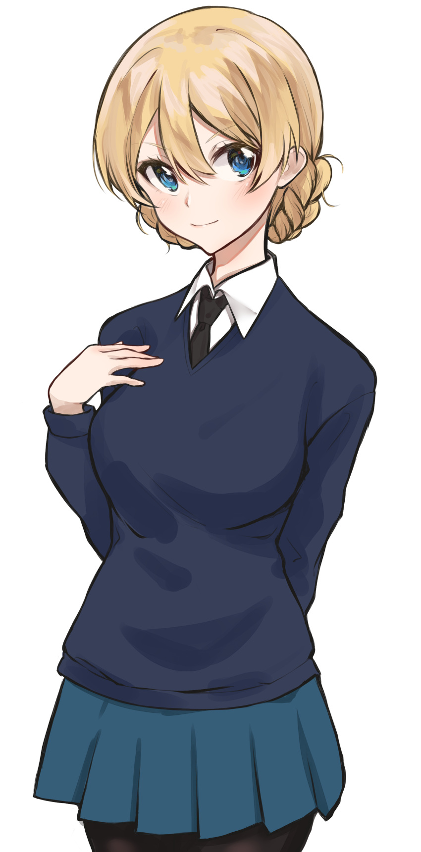 1girl absurdres arm_behind_back bangs black_legwear black_neckwear blonde_hair blue_eyes blue_skirt blue_sweater braid closed_mouth cowboy_shot darjeeling_(girls_und_panzer) dress_shirt girls_und_panzer hand_on_own_chest highres long_sleeves looking_at_viewer mamu_t7s miniskirt necktie pantyhose pleated_skirt school_uniform shirt short_hair simple_background skirt smile solo st._gloriana's_school_uniform standing sweater tied_hair twin_braids v-neck white_background white_shirt wing_collar