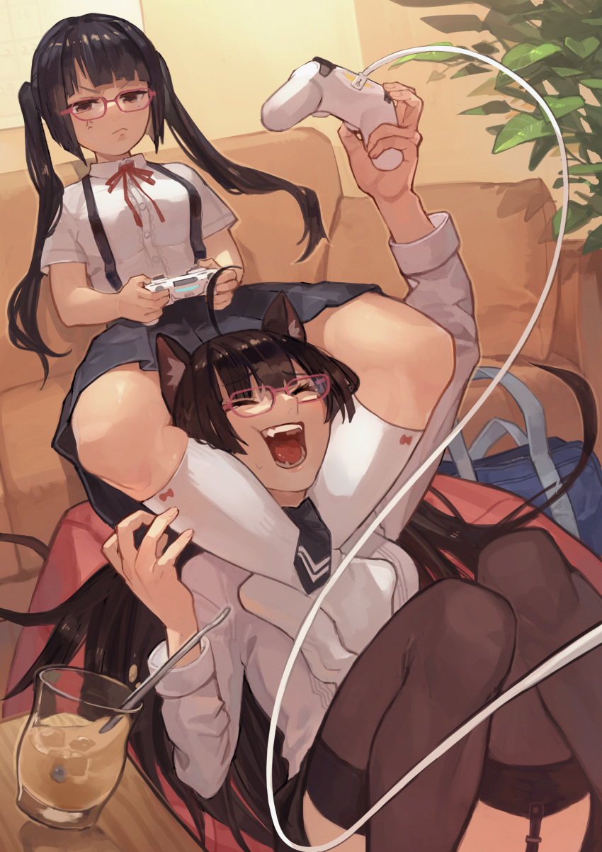 2girls absurdres anger_vein animal_ears asase_setsuna asase_yuugi bag between_legs black_hair black_legwear breasts brown_eyes cat_ears copyright_request couch garter_straps glasses head_between_knees highres holding_controller huge_filesize kneehighs living_room long_hair long_sleeves mole mole_under_eye multiple_girls neck_ribbon pink-framed_eyewear pleated_skirt ribbon school_bag school_uniform scissorhold short_sleeves siblings sisters skirt submission_hold suspender_skirt suspenders thighhighs twintails uedrk_yamato virtual_youtuber white_legwear wrestling