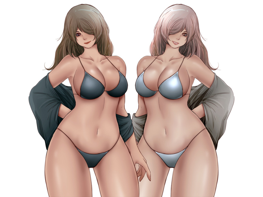 2girls black_bra black_lingerie black_panties bra breasts brown_eyes brown_hair couple cravat hands_on_own_back huge_breasts kkktakeda large_breasts lingerie long_hair multiple_girls open_clothes open_shirt original panties smile thick_thighs thighs underwear white_bra white_lingerie white_panties