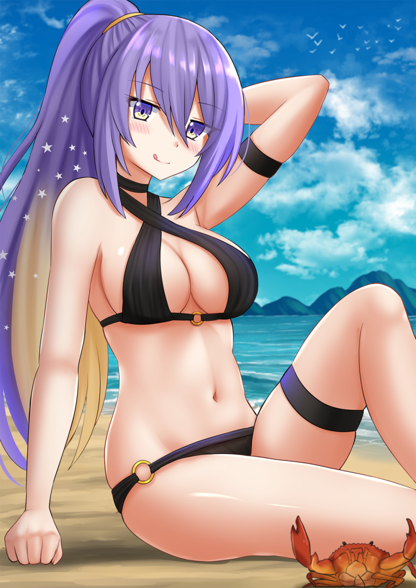 1girl :q alternate_costume animal arm_support arm_up bangs bare_arms bare_shoulders bikini black_bikini black_choker blonde_hair blue_sky blush breasts choker cleavage closed_mouth cloud commentary crab criss-cross_halter day eyebrows_visible_through_hair feet_out_of_frame gradient_hair groin hair_between_eyes halter_top halterneck hand_behind_head high_ponytail highres hololive hololive_indonesia kazenokaze knee_up large_breasts long_hair looking_at_viewer moona_hoshinova multicolored_hair navel o-ring o-ring_bikini o-ring_bottom o-ring_top outdoors ponytail purple_eyes purple_hair sitting skindentation sky smile solo star_(symbol) stomach swimsuit thigh_strap thighs tongue tongue_out very_long_hair virtual_youtuber water