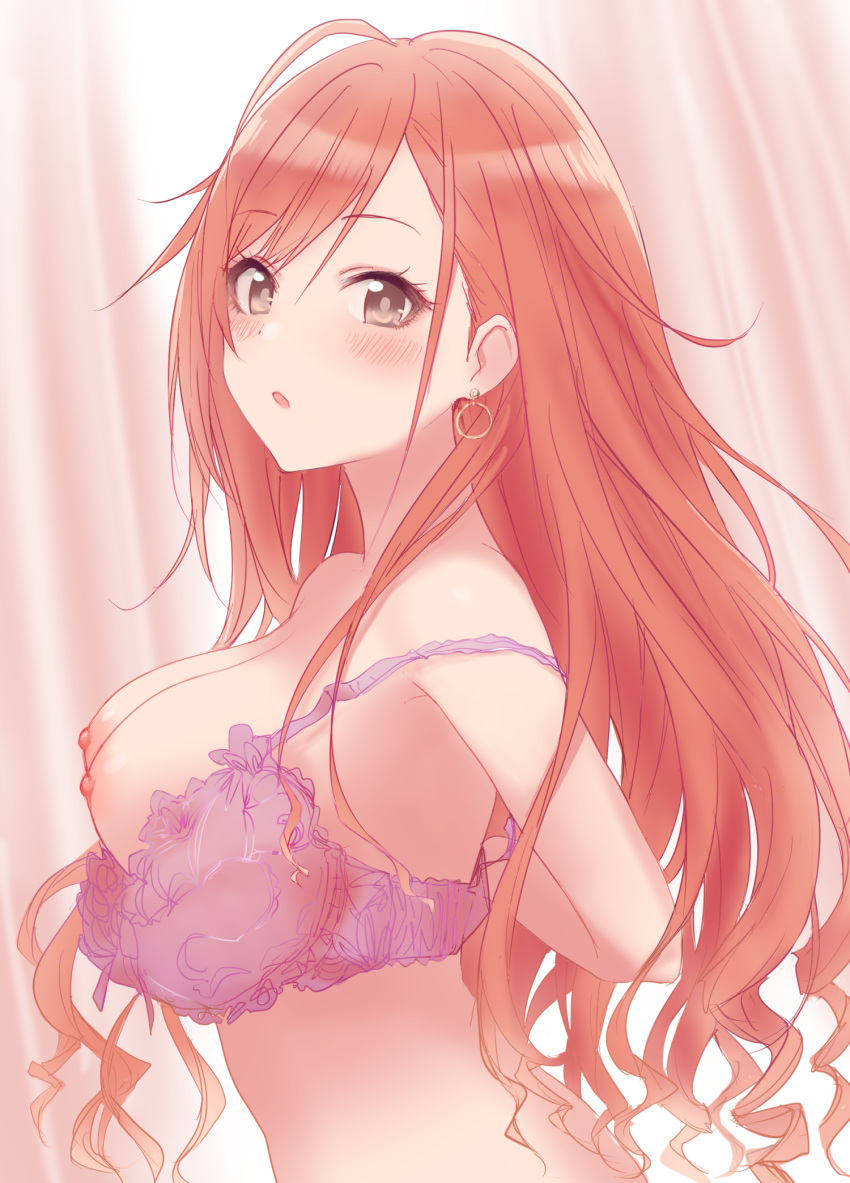 1girl :o arisugawa_natsuha bangs bare_shoulders blush bra breasts commentary_request curtains earrings from_side highres idolmaster idolmaster_shiny_colors jewelry long_hair looking_at_viewer medium_breasts nipples purple_bra red_hair shirokuma-kun silver_eyes solo underwear unfastened upper_body wavy_hair white_background